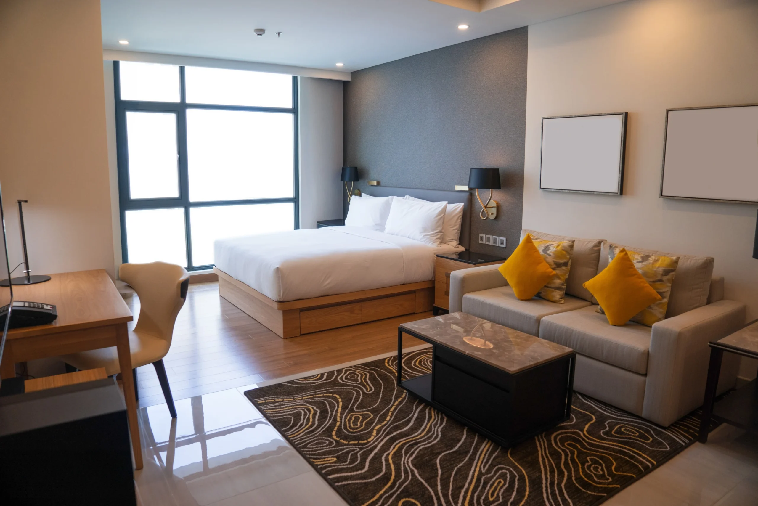 Luxury hotel room featuring smart glass partitions
