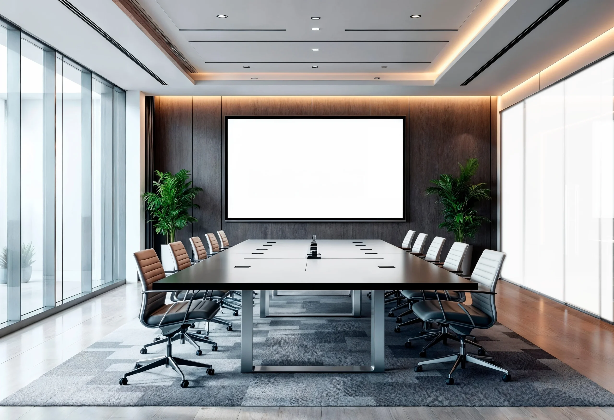 Smart Film for Office privacy film solutions 1 Modern corporate boardroom featuring switchable smart glass partitions